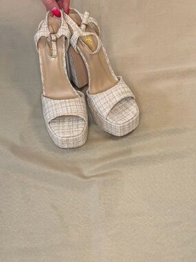Chase + Chloe Ivory Tweed Platform Slingback Heels